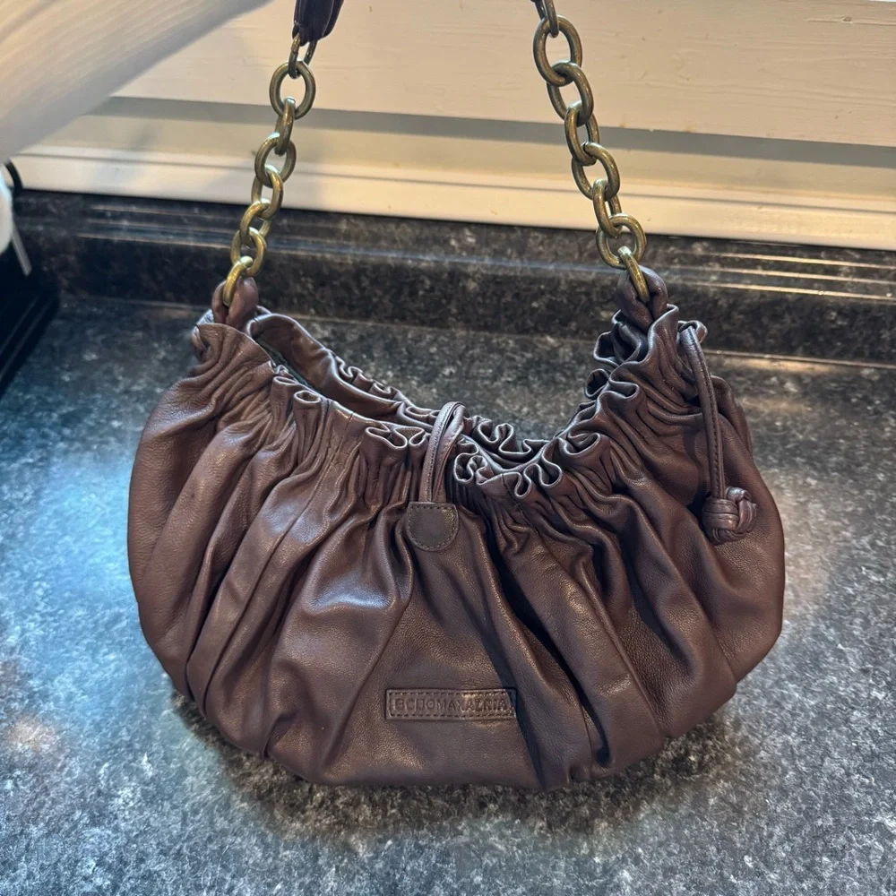 BCBGMAXAZRIA Super Soft Leather Brown Ruched Shoulder bag Boho Western Glam
